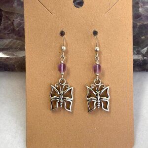Sterling Silver 925 1.62" Butterfly Dangle Earrings Purple Glass Accent Bead